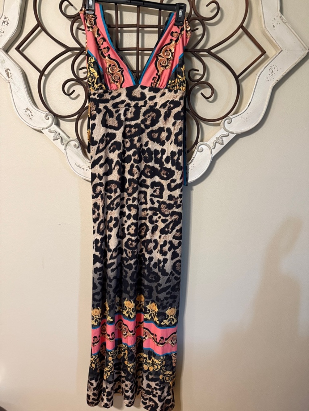 VENUS Leopard Print Maxi Dress with Coral and Turquoise Accents